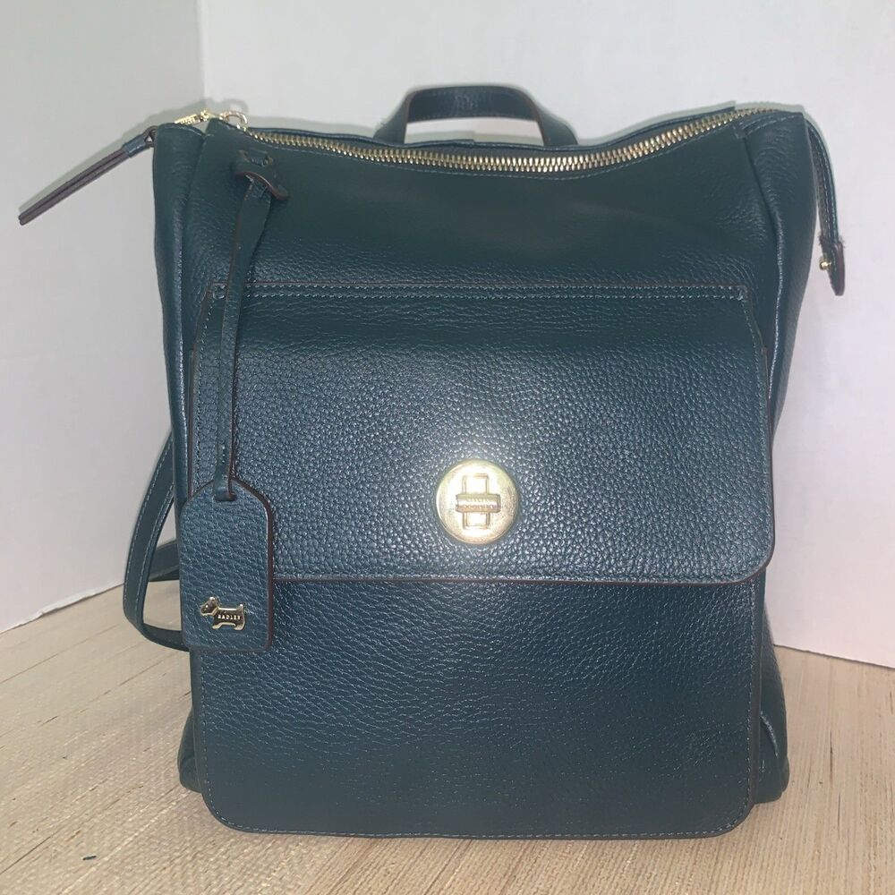 Radley London Green Grained Leather Adjustable Backpack Ziptop Twist Lock Pocket